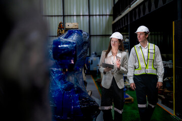 Fototapeta na wymiar Business woman and man meeting and checking new machine robot. Engineer walking at warehouse industry machine. business negotiation concepts and technology. woman is Using smart Tablet to present man.