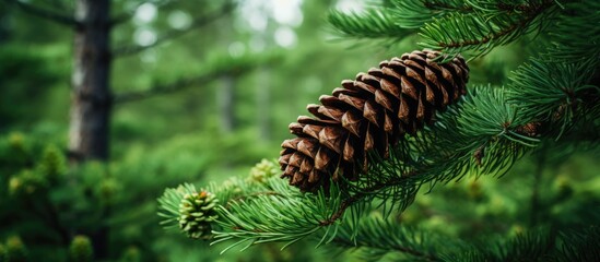 A conifer cone is dangling from a branch of a pine tree, showcasing the natural beauty of this terrestrial plant in an evergreen setting