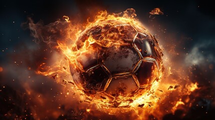 Flying football or soccer ball on fire. Isolated on black background - obrazy, fototapety, plakaty