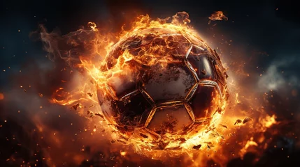 Fotobehang Flying football or soccer ball on fire. Isolated on black background © Vasiliy