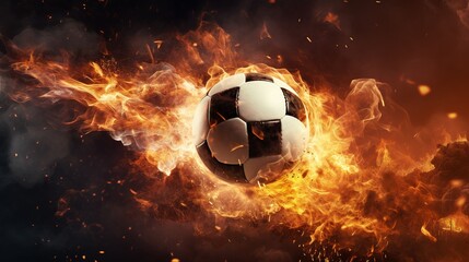 Fototapeta premium Flying football or soccer ball on fire. Isolated on black background