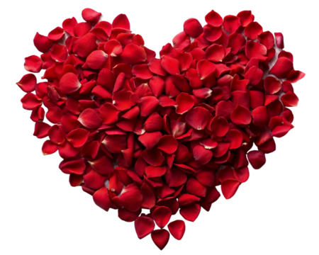 Strip of scattered red rose petals in heart shape