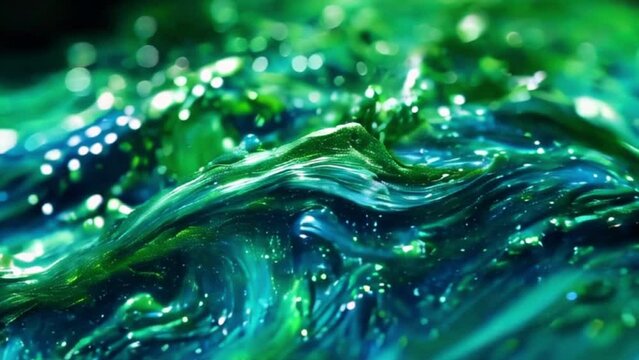 Defocused shiny shimmering green blue color liquid Sparkling wave, motion