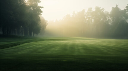 A golf course emerges from the mist, with a flagpole standing out on the smooth, dewy green surrounded by trees in morning setting.