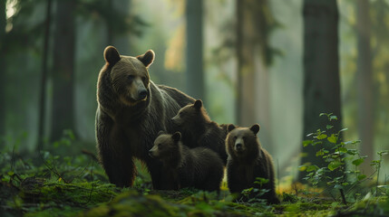 Amidst the misty atmosphere of a dense forest, a mother bear and her three cubs stand alert, exemplifying the bond of family in the wild.