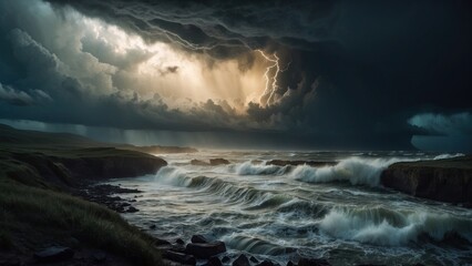 Describe a tumultuous open world landscape amidst a powerful storm, where nature's fury and breathtaking views collide in a mesmerizing display