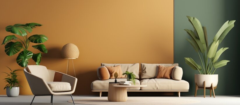 Stylish interior with comfortable furniture and plant by beige wall
