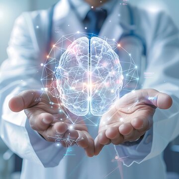 Multiple Doctors Analyzing Brain Hologram
