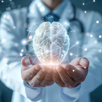 Multiple Doctors Analyzing Brain Hologram