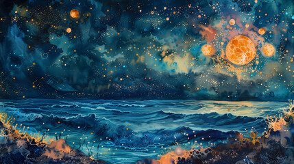 A watercolor depiction capturing the enchanting glow of bioluminescent organisms in a celestial underwater scene, with the night sky and the twinkling stars reflected on the water's surface.