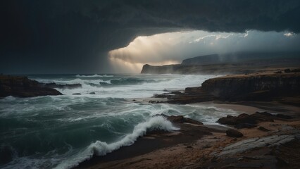 Describe a tumultuous open world landscape amidst a powerful storm, where nature's fury and breathtaking views collide in a mesmerizing display