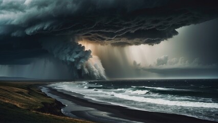 Fototapeta premium Describe a tumultuous open world landscape amidst a powerful storm, where nature's fury and breathtaking views collide in a mesmerizing display