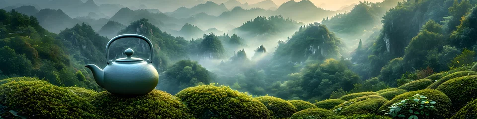Keuken spatwand met foto Vintage ceramic tea kettle with chinese green or ceylon black tea with beautiful valley mountains landscape on background. Hot morning drink. Travel concept. Banner with copy space © ratatosk