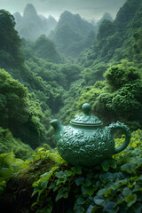 Vintage ceramic tea kettle with chinese green or ceylon black tea with beautiful valley mountains landscape on background. Hot morning drink. Travel concept. Banner with copy space - obrazy, fototapety, plakaty