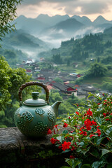 Vintage ceramic tea kettle with chinese green or ceylon black tea with beautiful valley mountains landscape on background. Hot morning drink. Travel concept. Banner with copy space - obrazy, fototapety, plakaty