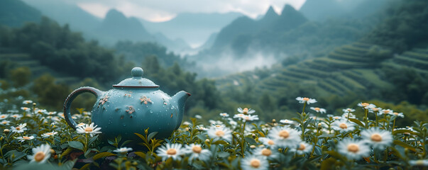 Vintage ceramic tea kettle with chinese green or ceylon black tea with plantation on background. Beautiful landscape with valley mountains. Hot morning drink. Travel concept. Banner with copy space - obrazy, fototapety, plakaty