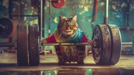 Tabby cat dressed in sports attire demonstrating strength training with heavy barbell in gym setting. Creative pet humor and strength concept. - obrazy, fototapety, plakaty