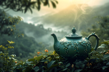 Vintage old glass tea kettle with Chinese green tea and plantation on background. Beautiful landscape with valley mountains. Hot morning drink. Travel concept. Banner with copy space - obrazy, fototapety, plakaty