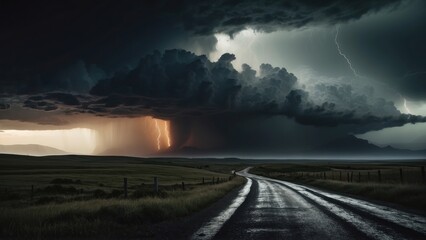 Describe a tumultuous open world landscape amidst a powerful storm, where nature's fury and breathtaking views collide in a mesmerizing display