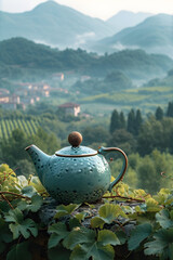 Vintage ceramic tea kettle with chinese green or ceylon black tea with plantation on background. Beautiful landscape with valley mountains. Hot morning drink. Travel concept. Banner with copy space