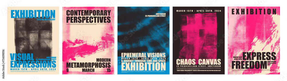 Fototapete punk style set of posters with halftone texture and typography. distorted grunge layers.