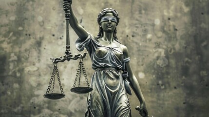 Statue of Justice. Majestic representation with balanced scales and sword. Symbol of power and integrity. Realistic sculpture photography.