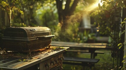 BBQ grill in backyard. Rustic scene with empty table. Cozy ambiance perfect for outdoor dining. Naturalistic photography highlights warm tones. - obrazy, fototapety, plakaty