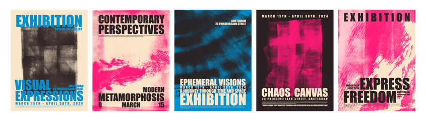 Punk style set of posters with halftone texture and typography. Distorted grunge layers.