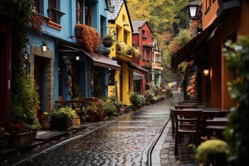 City street with colorful buildings and lush trees on wet cobblestones