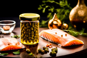 Fresh salmon fillets paired with green capers, ready for a culinary masterpiece, set on a warm, rustic backdrop with soft lighting - obrazy, fototapety, plakaty
