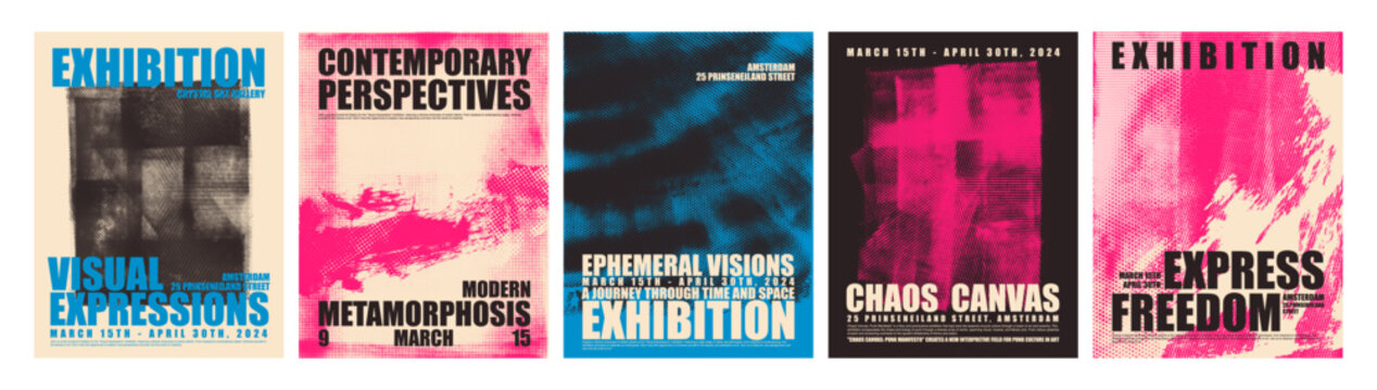 Punk style set of posters with halftone texture and typography. Distorted grunge layers.