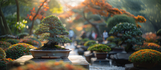 close up of a bonsai tree in beautiful Japanese garden, blurred background with people 
