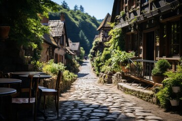 Charming cobblestone street in a village with outdoor seating