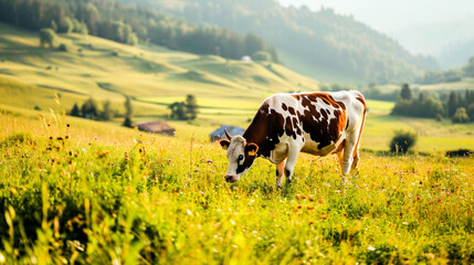 spotted cow grazing on a green farm meadow. bathed in golden sunlight, against a picturesque backdrop. - Powered by Adobe
