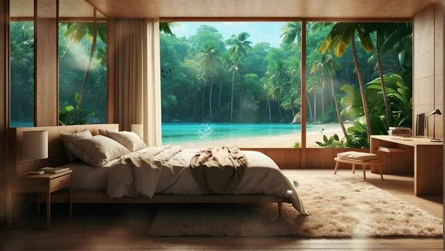 Bedroom with wide open windows overlooking the tropical forest. Seamless looping 4k video animation.