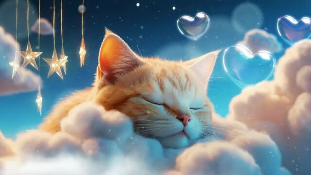 cute cat sleeping in the clouds, relaxing and having sweet dreams at night, cartoon or anime style. seamless looping 4K time-lapse virtual video animation background.
