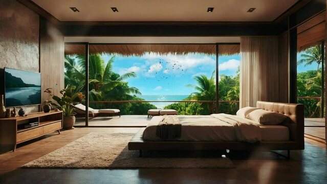 Bedroom with wide open windows overlooking the tropical forest. Seamless looping 4k video animation.