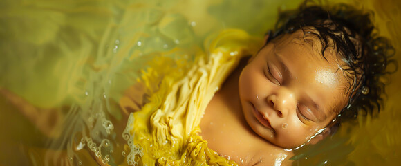 Banner African American Newborn In Water Covered By Yellow Textile, Bathing. Design Baby Hygiene. Water Births, Labor, Delivery Process. Hydrotherapy. Ai Generated. Horizontal. 