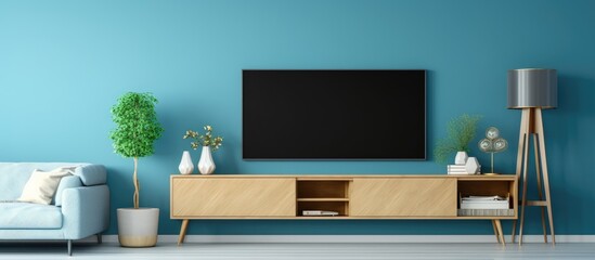 Modern living room with TV on cabinet against blue wall