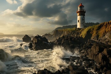 a lighthouse on a rocky cliff overlooking the ocean - Powered by Adobe