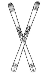 Hand drawn illustration of a beautiful antique pair of skis with decorations, simple stylized skis crossing sign in black and white isolated on transparent background, cartoon drawing with ski symbol