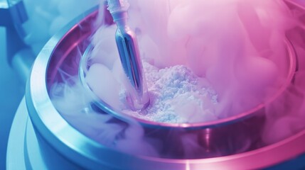 Scientific research and development in pharmaceutical laboratory featuring close-up of machinery processing and encapsulating medication with vapor. Modern drug manufacture and tec