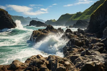 Zelfklevend Fotobehang Water waves crash on rocky shore, surrounded by natural landscape © 昱辰 董