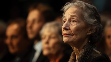 Fototapeta premium Elderly woman reflecting on past experiences at reunion gathering, surrounded by contemporaries. Generational connections and memories.