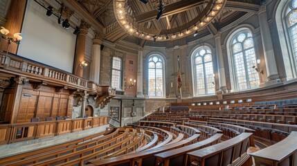 Obraz premium Elegant vintage university lecture hall with wooden seats and grand architectural design, perfect for educational themes and academic environments. Educational architecture and des