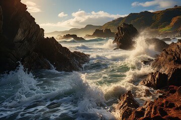 The water waves are breaking against the rocky shore - obrazy, fototapety, plakaty