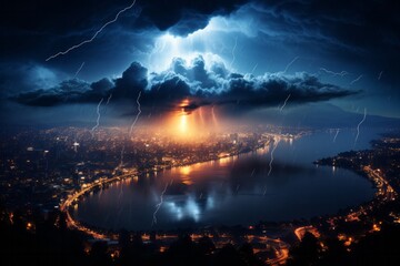 Cumulus clouds strike over lake with city in background during midnight storm - obrazy, fototapety, plakaty