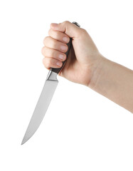 Woman holding knife on white background, closeup
