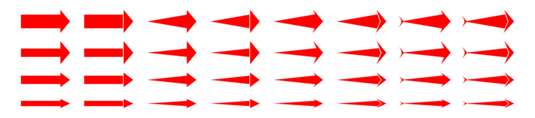 arrows red icon set isolated on white background. flat stright. Some arrow have fin on tail. these arrow sign have right, rightward or forward mode.