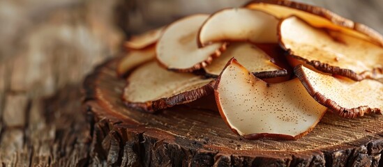 Dried apple slices rest on a wooden stump, showcasing the beauty of natures bounty. The contrast of the fruit against the wood makes for a stunning display of natural art